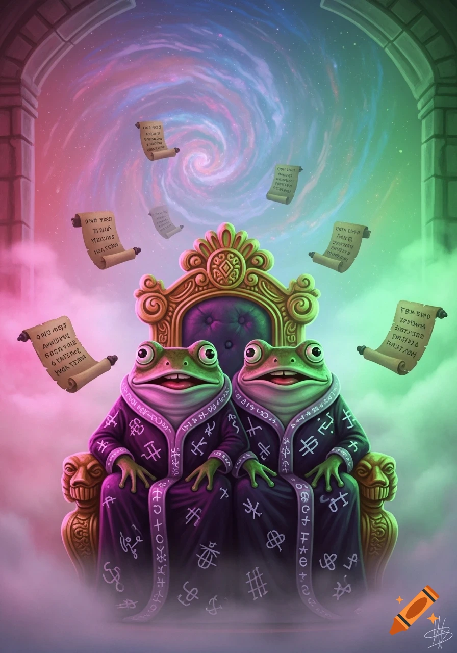 Two anthropomorphic frogs in royal purple robes with symbols sit on a golden throne as glowing scrolls float in a cosmic background.