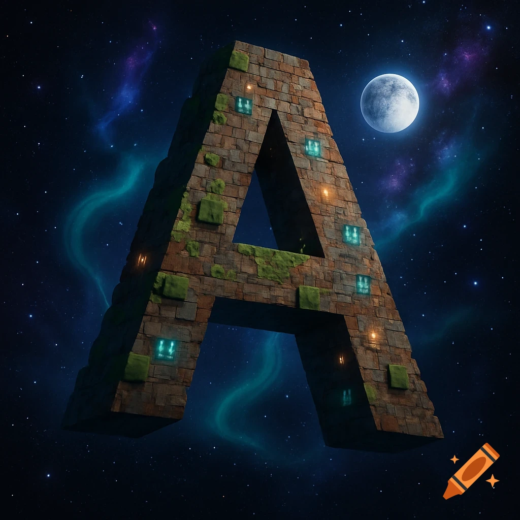 A giant, blocky letter 'A' with stone and moss textures floats in dark space, illuminated by a full moon and swirling nebulae.