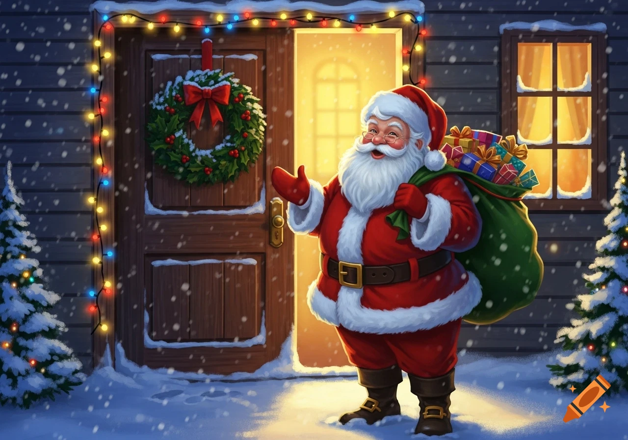 Santa Claus stands at a snow-covered house door adorned with a wreath and lights, holding a sack of gifts on a snowy night.