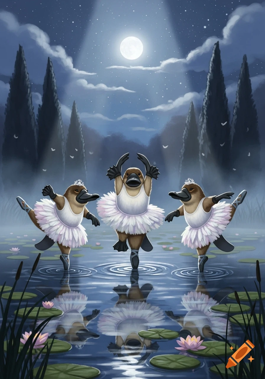 Three platypuses in white and pink tutus dance ballet on a moonlit pond with water lilies and tall trees, in an illustrative style.