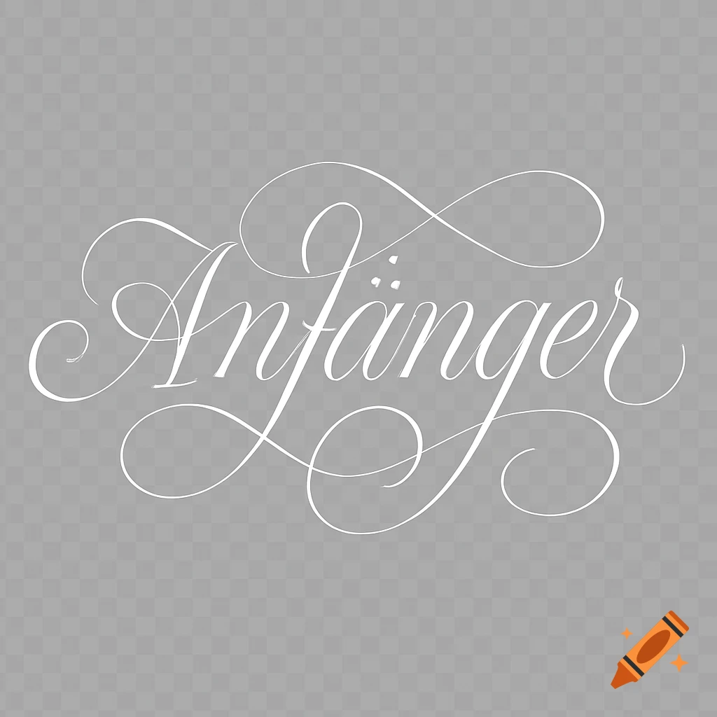 White calligraphic script of the word Anfänger with flourishes on a transparent background.
