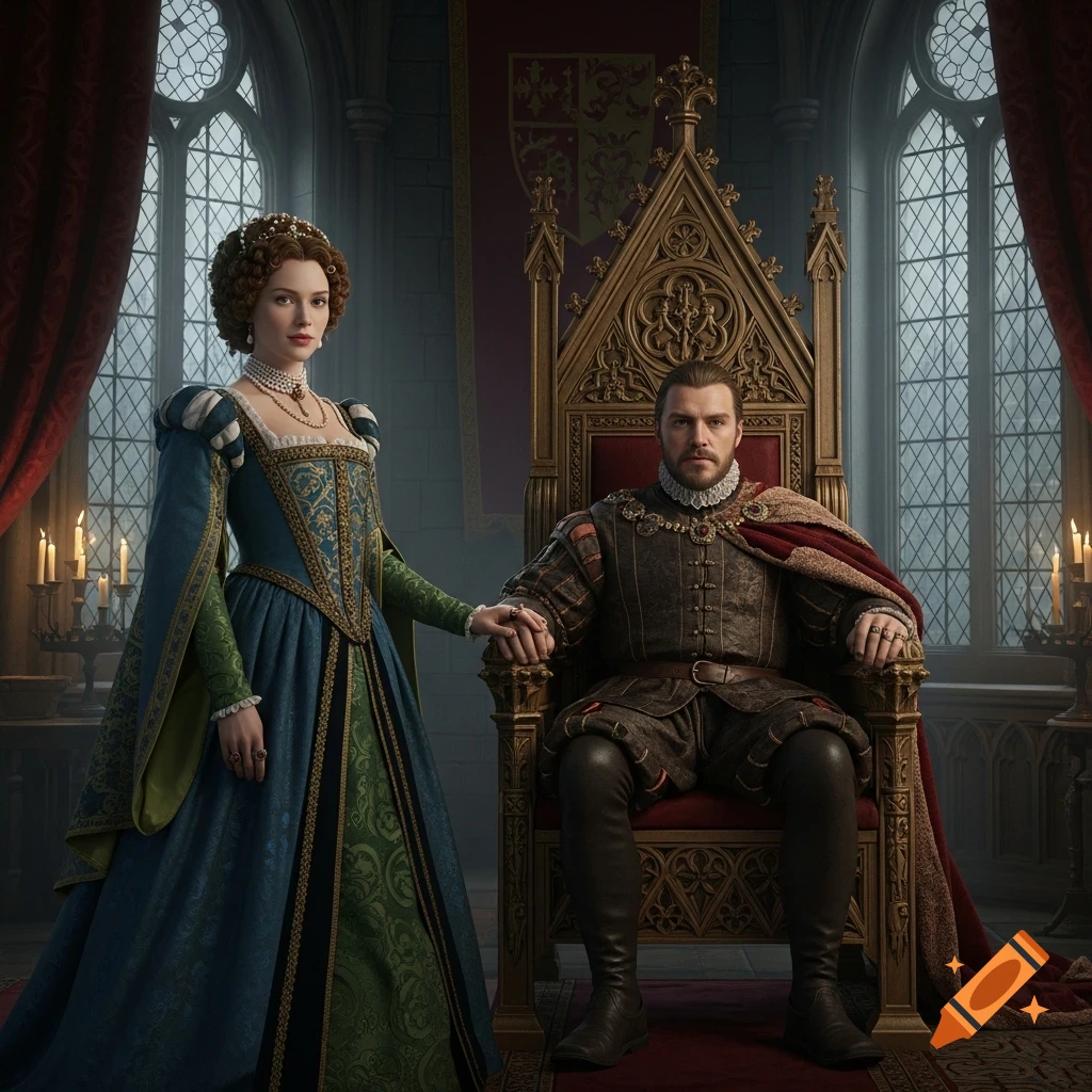 Hyperrealistic cinematic portrait of a woman in a blue and green gown holding hands with a man sitting on a golden Tudor throne.