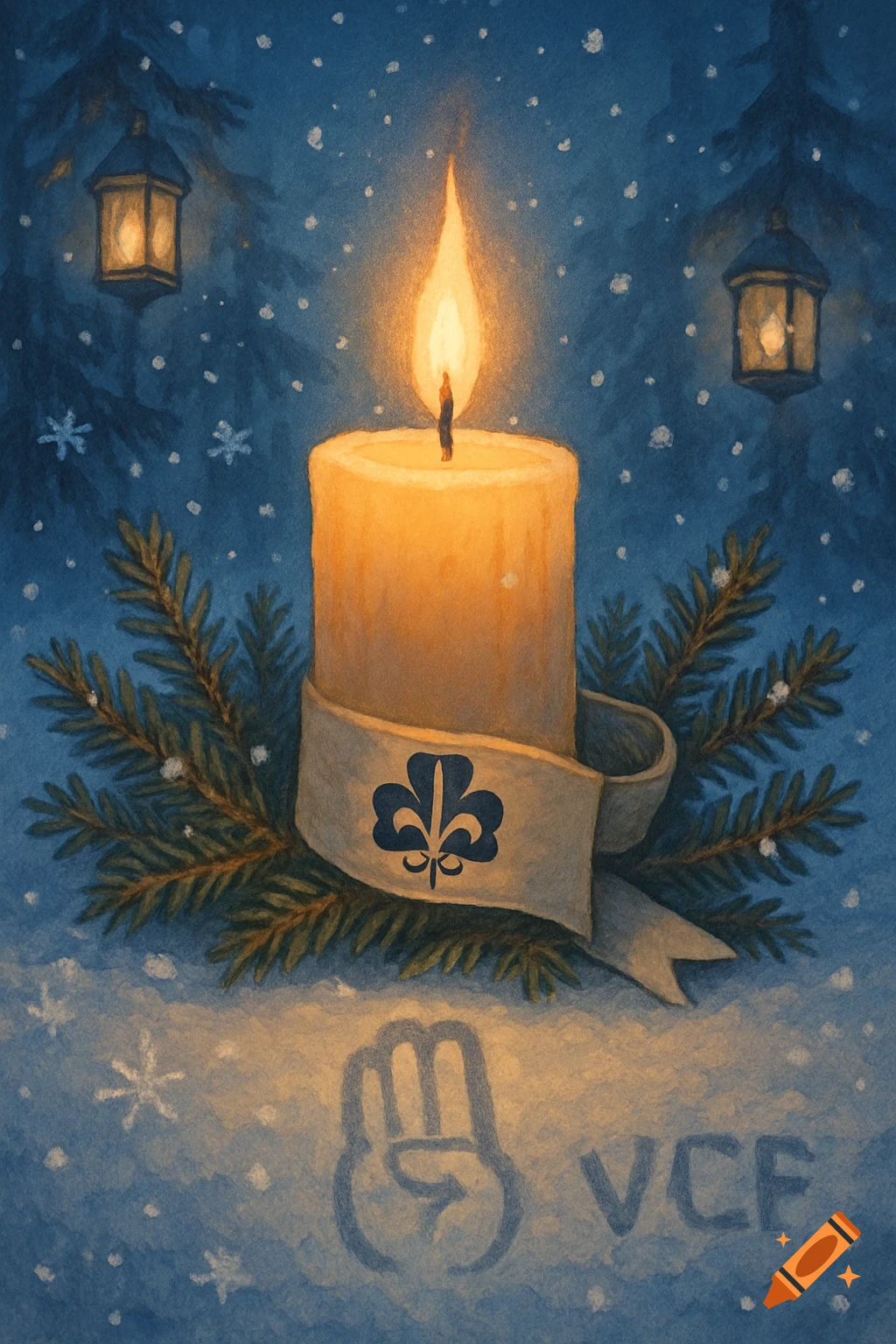 A burning candle with a scout fleur-de-lis emblem on a ribbon, surrounded by fir branches, snowflakes, and lanterns in a snowy, blue winter scene. A scout salute symbol and the letters VCF are on the snow.