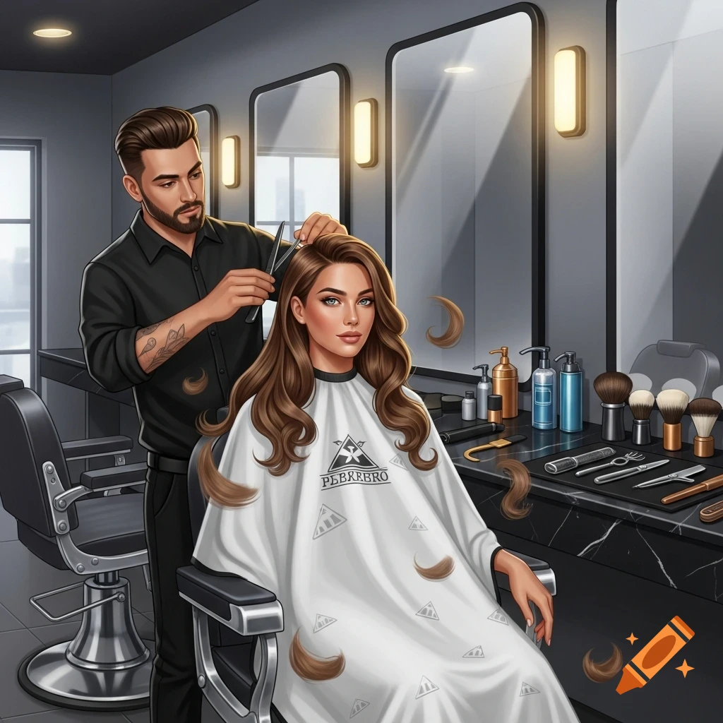 A stylized illustration of a male barber cutting a woman's long, wavy brown hair in a modern barbershop.