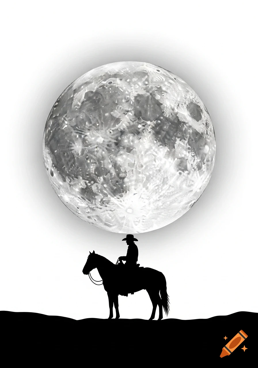Silhouette illustration of a cowboy on horseback against a large, luminous full moon with a white background.