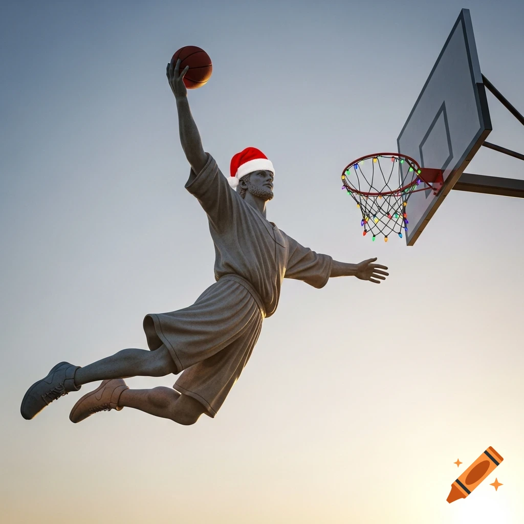Photorealistic stone statue wearing a Santa hat dunks a basketball into a hoop with Christmas lights against a sunset sky.
