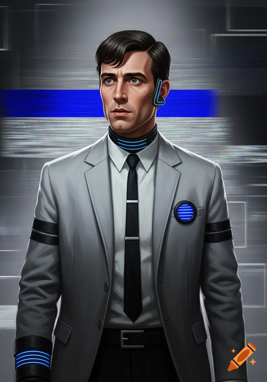 Illustration of a man in a grey suit with futuristic blue glowing cybernetic elements, against a static background.
