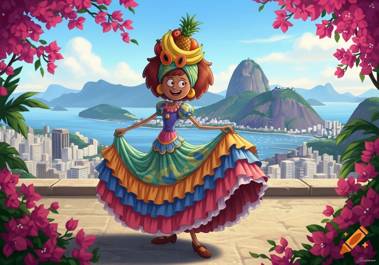Cartoon Anne from Amphibia in a colorful Carmen Miranda dress and fruit turban, posing on a balcony overlooking Rio de Janeiro.