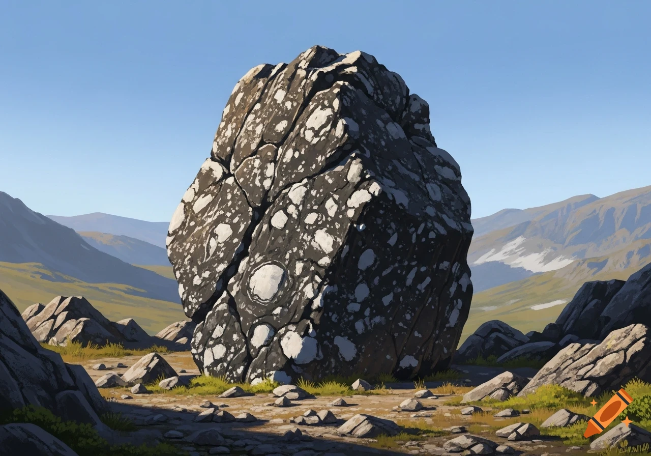 A large, dark speckled rock stands in a grassy, rocky field with distant mountains under a clear blue sky, in a painted style.