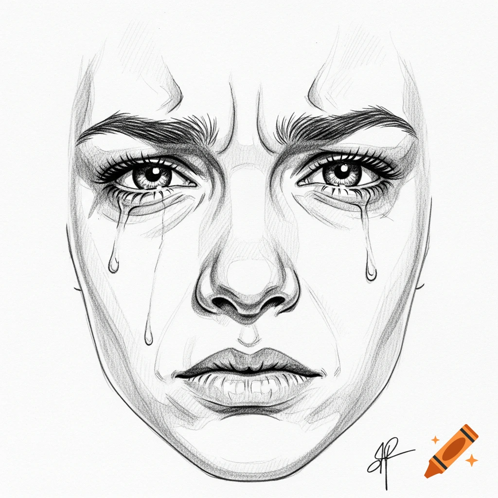 Detailed pencil drawing of a crying woman's face, depicting sadness and pain with tears streaming down.