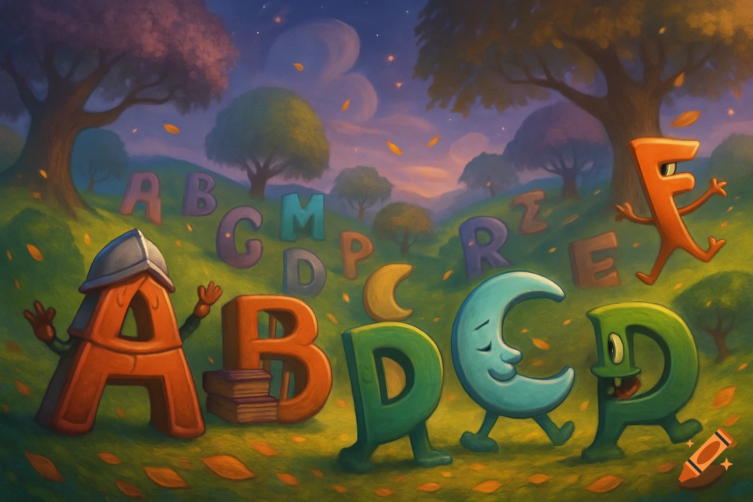 Cartoon letters with faces and limbs interact in a whimsical landscape with trees and falling leaves under a twilight sky.