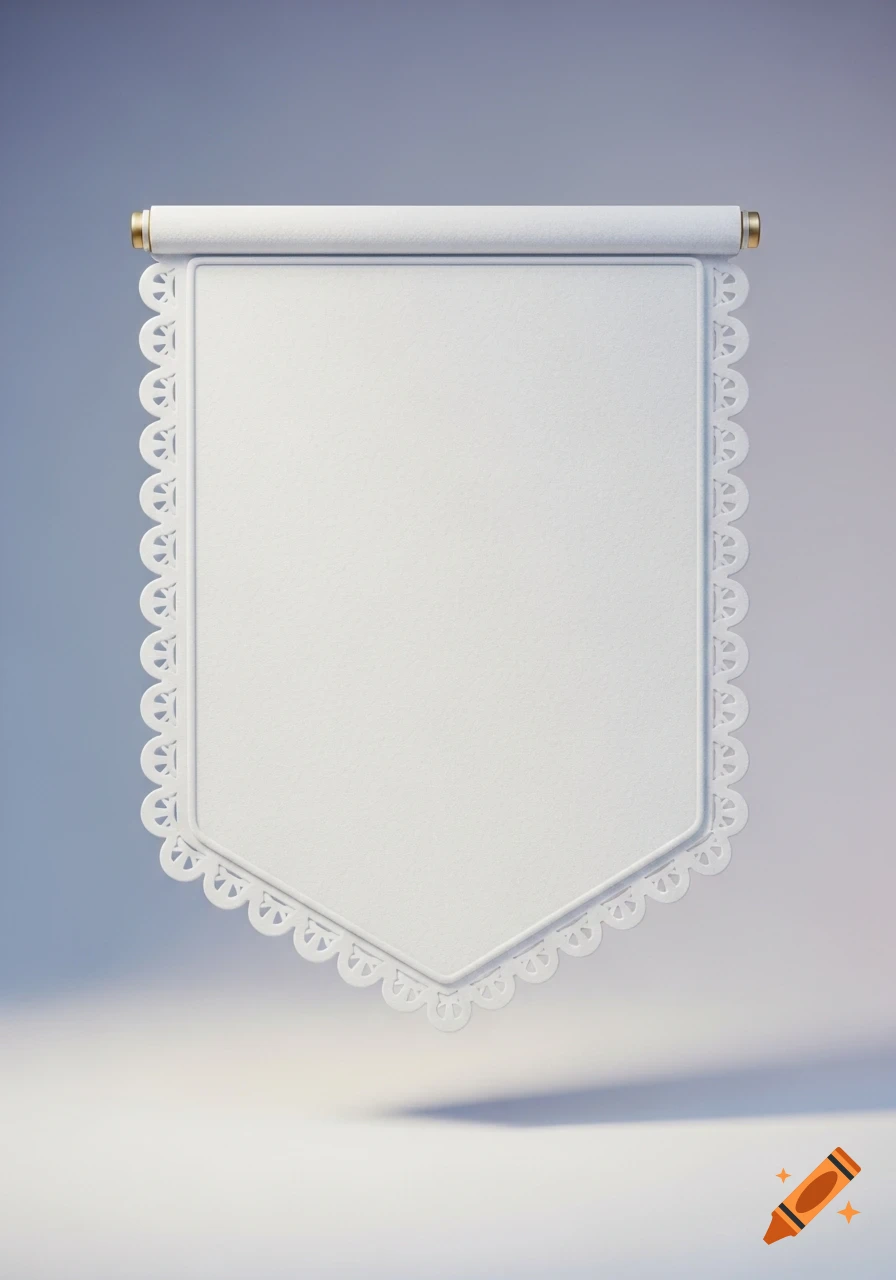 A blank white felt sports pennant with delicate, doily-like scalloped edges against a soft gradient background.