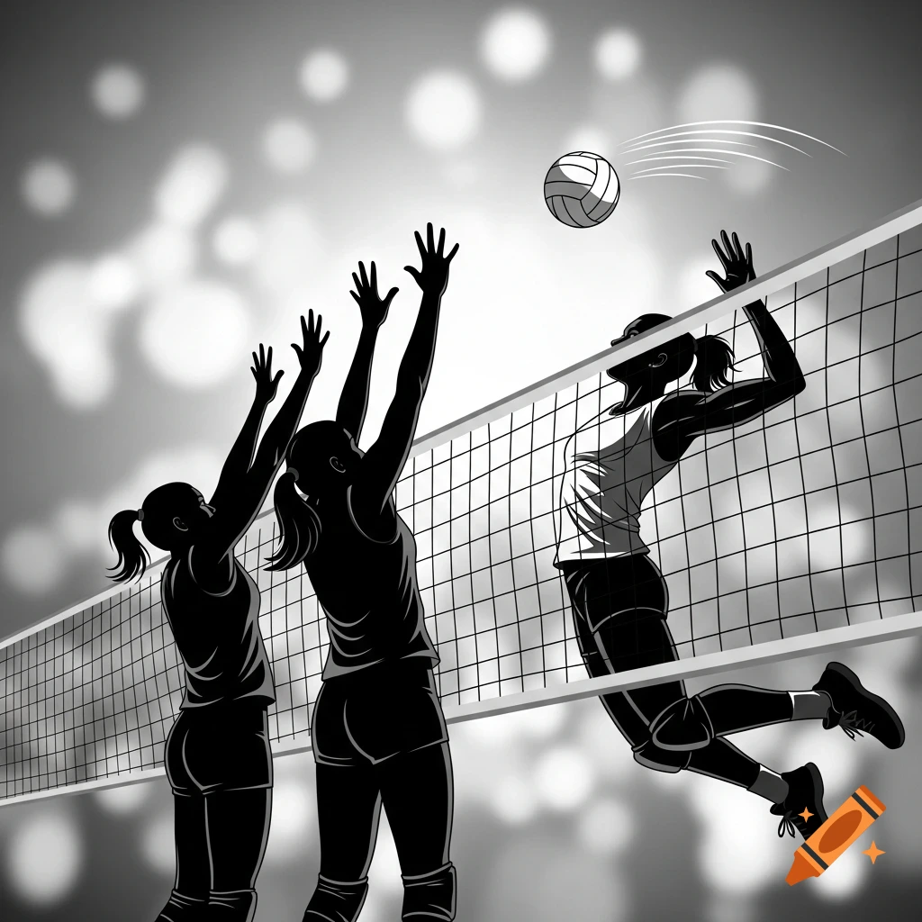 Monochrome illustration of three volleyball players at the net, two blocking and one spiking the ball.