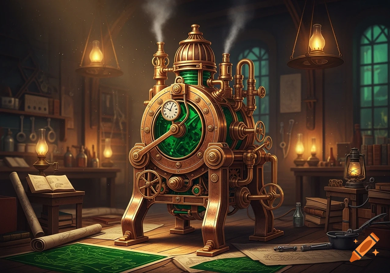 An ornate green and brass steampunk machine with a clock face stands in a dimly lit inventor's workshop, surrounded by blueprints and tools.