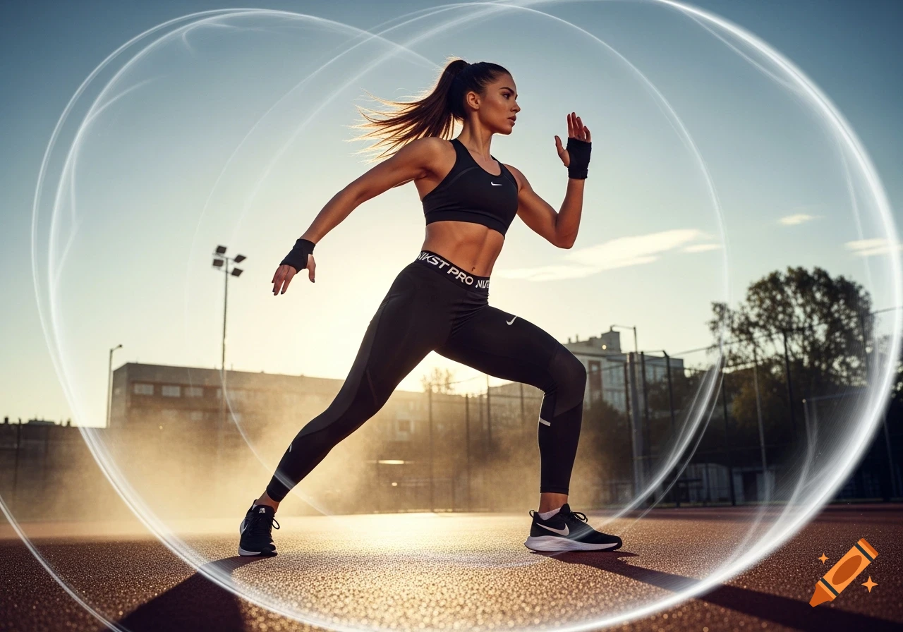 A photorealistic image of a woman in black Nike athletic wear, running outdoors with dynamic light trails.