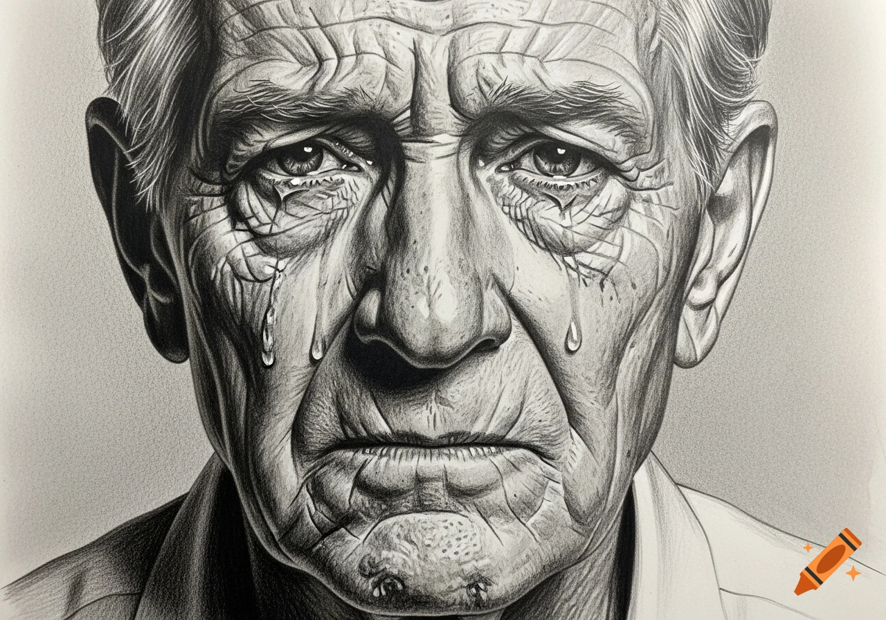 A highly detailed black and white pencil drawing of an elderly person's face crying, showing deep sadness.