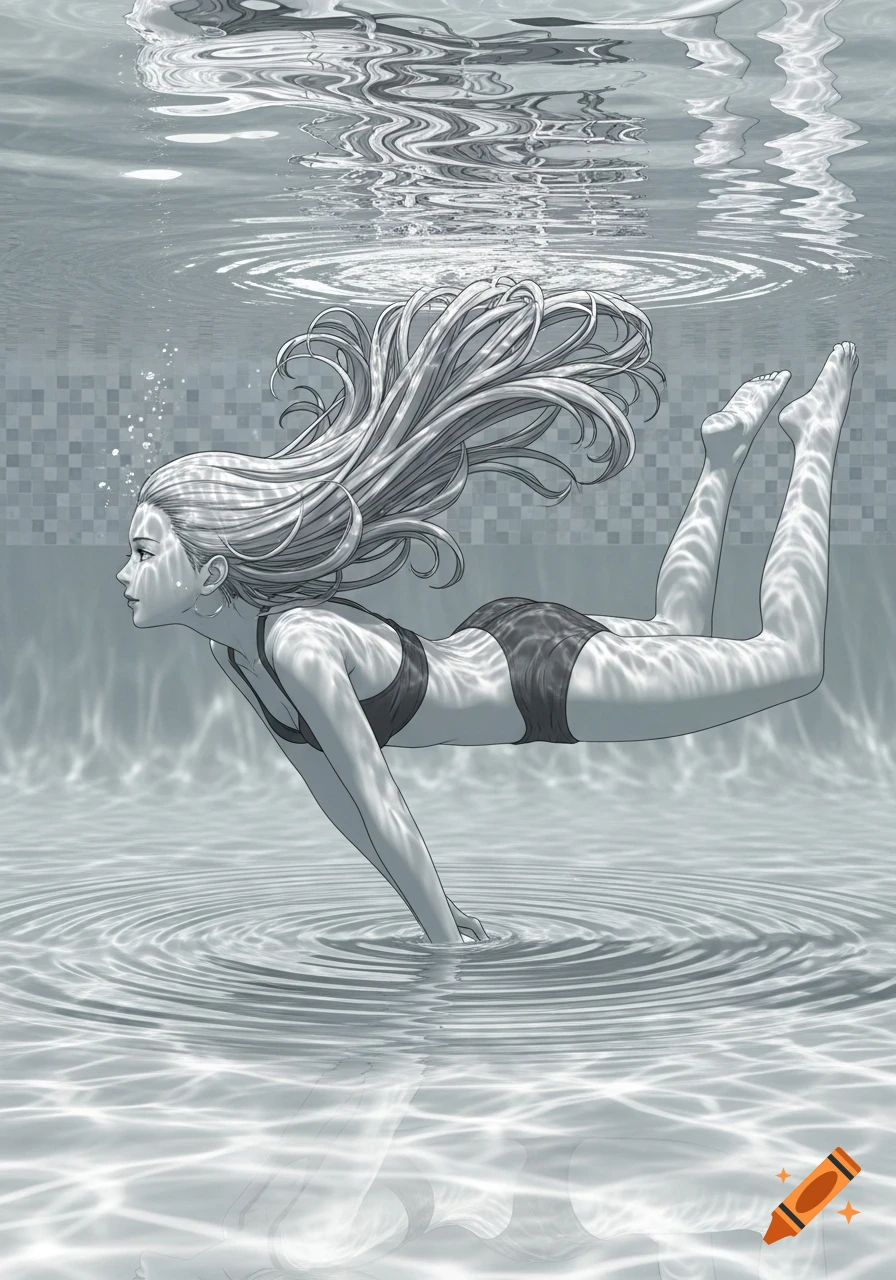 Black and white anime illustration of a woman in a bikini swimming gracefully underwater with long flowing hair.