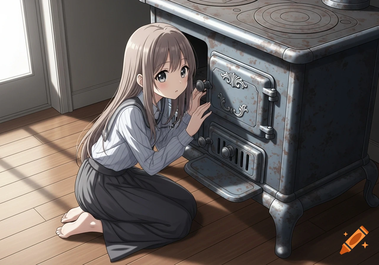 Anime girl kneeling on a wooden floor, looking behind an old, rusty stove.