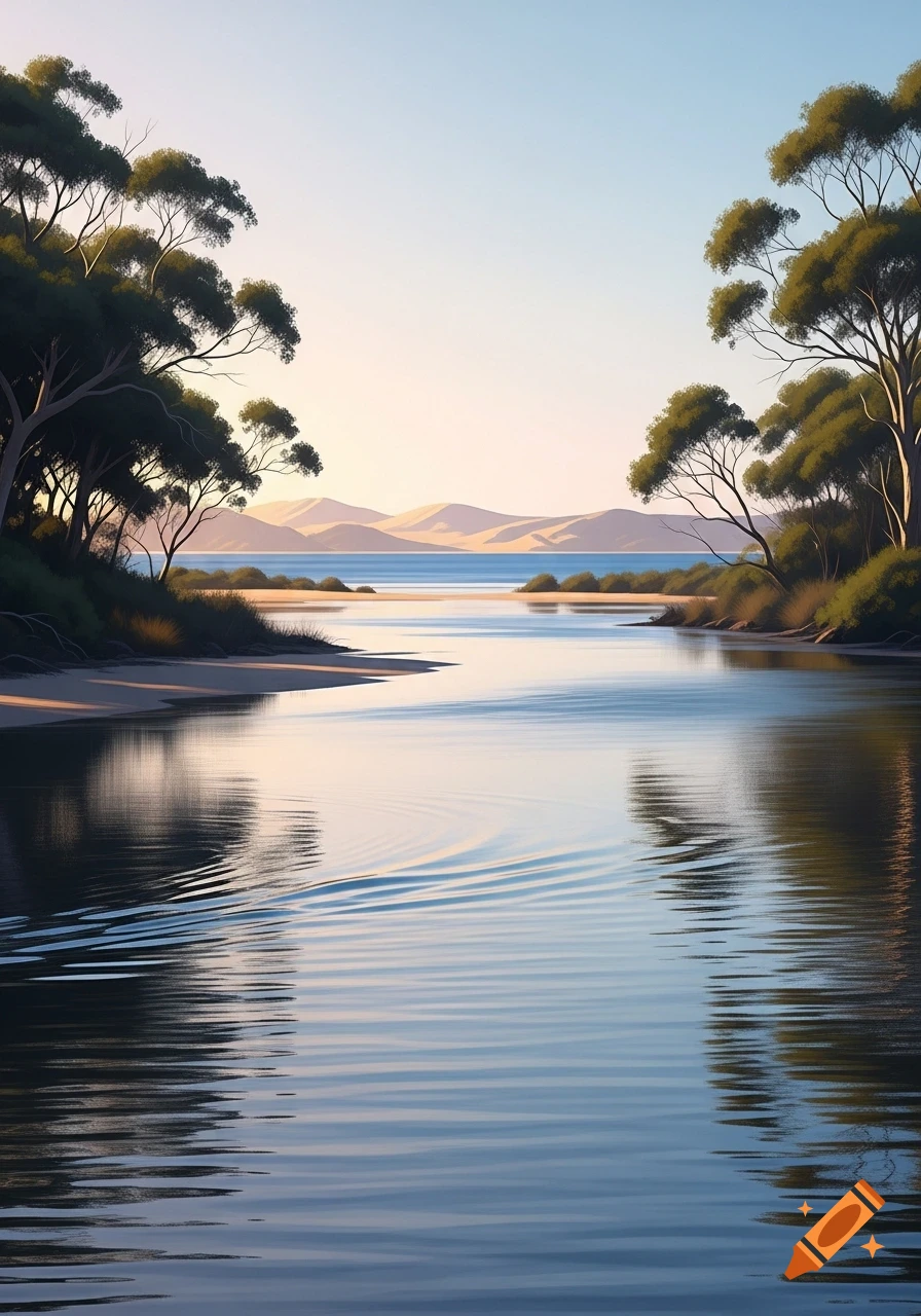A tranquil tidal river flows between sandy banks lined with trees, leading towards distant mountains under a soft, pastel sky.