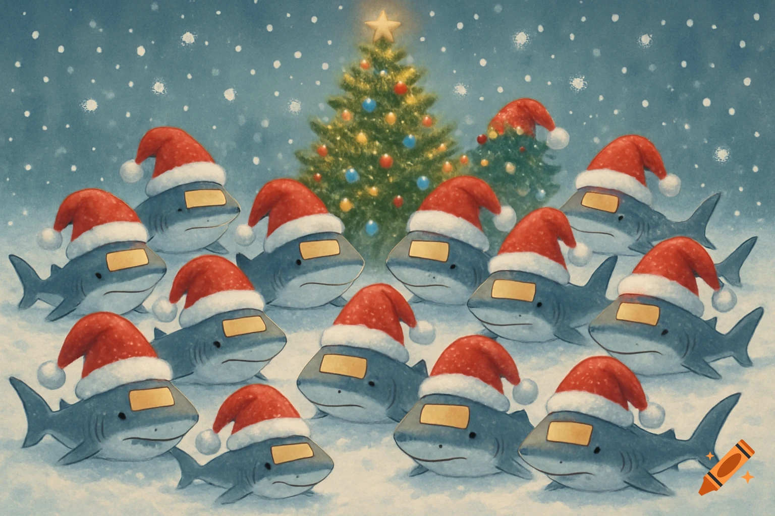 A whimsical illustration features 14 cartoon sharks in Santa hats sitting in a snowy landscape with a decorated Christmas tree.