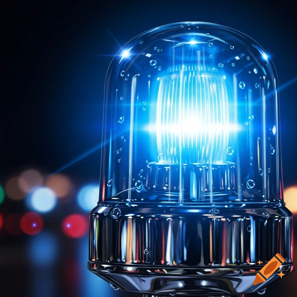 Close-up of a brightly glowing blue emergency light, reflecting on a dark, bokeh-lit background.