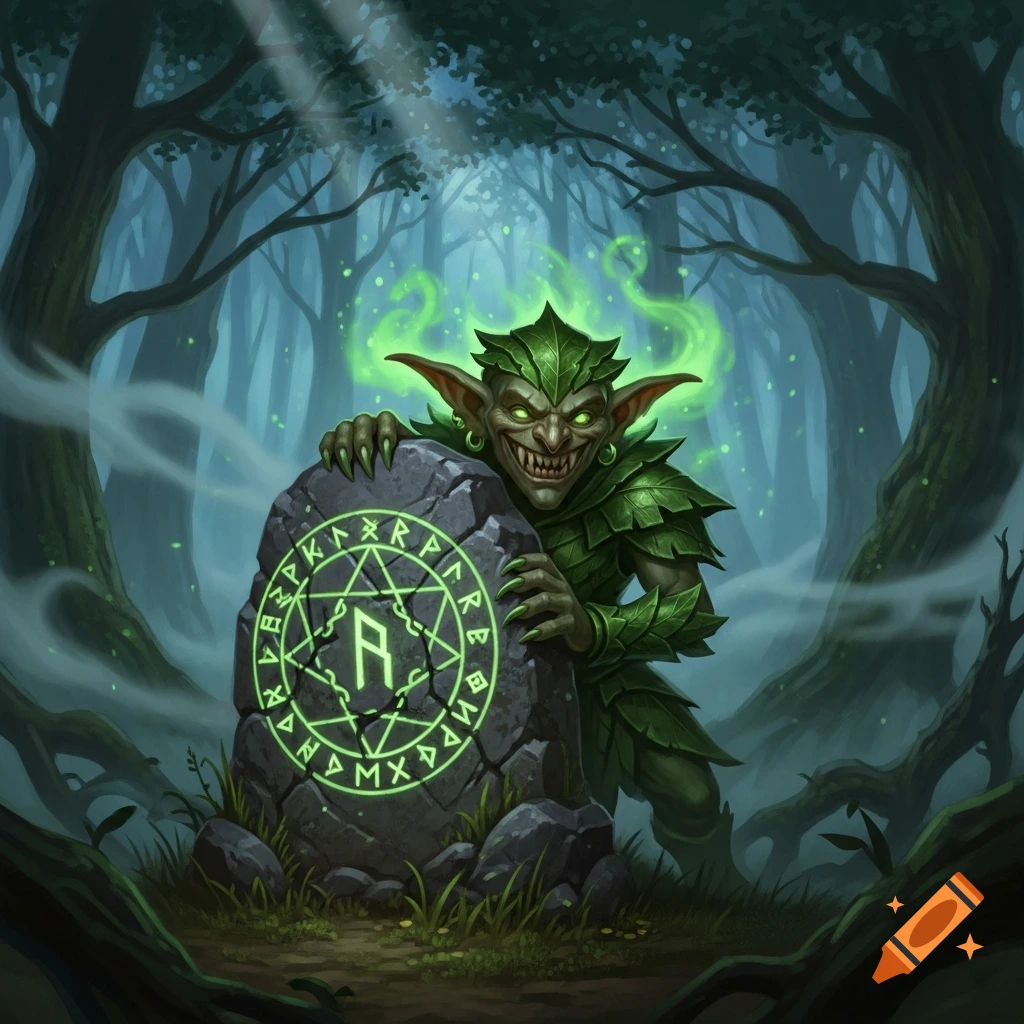 A grinning goblin in leaf armor peeks from behind a glowing rune-carved stone in a mystical forest.