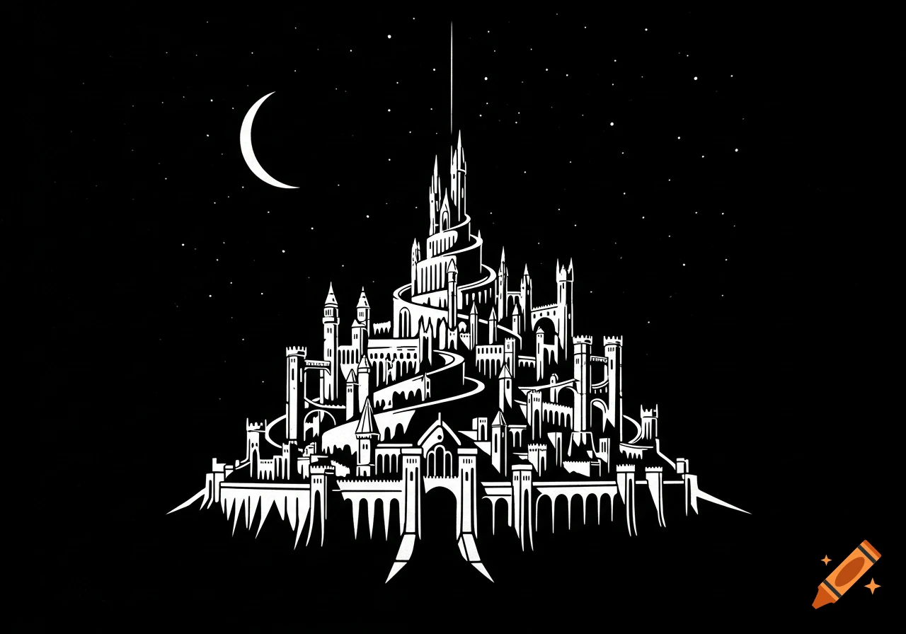 Stylized white silhouette of a towering fantasy castle with winding paths under a crescent moon and stars against a black background.