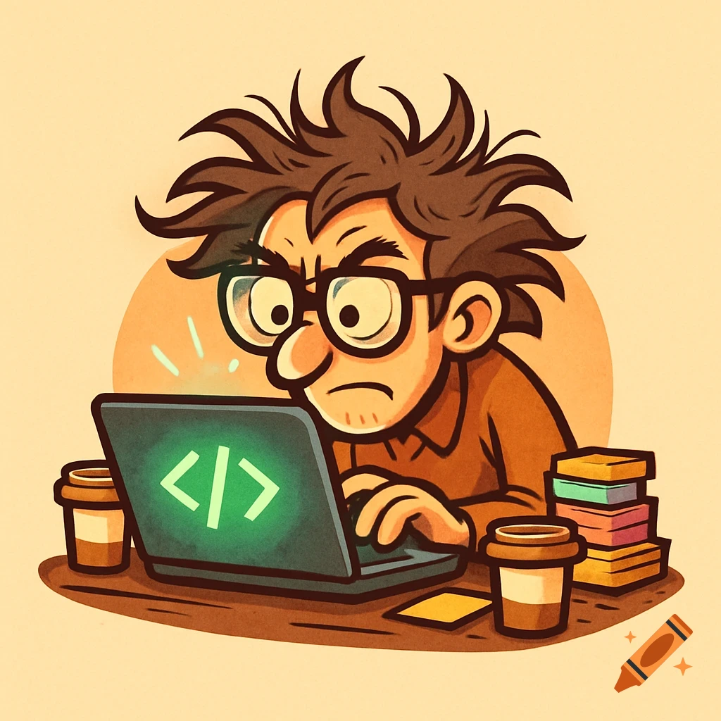 Cartoon logo of a frustrated software developer with messy hair and glasses working on a laptop with a code symbol.