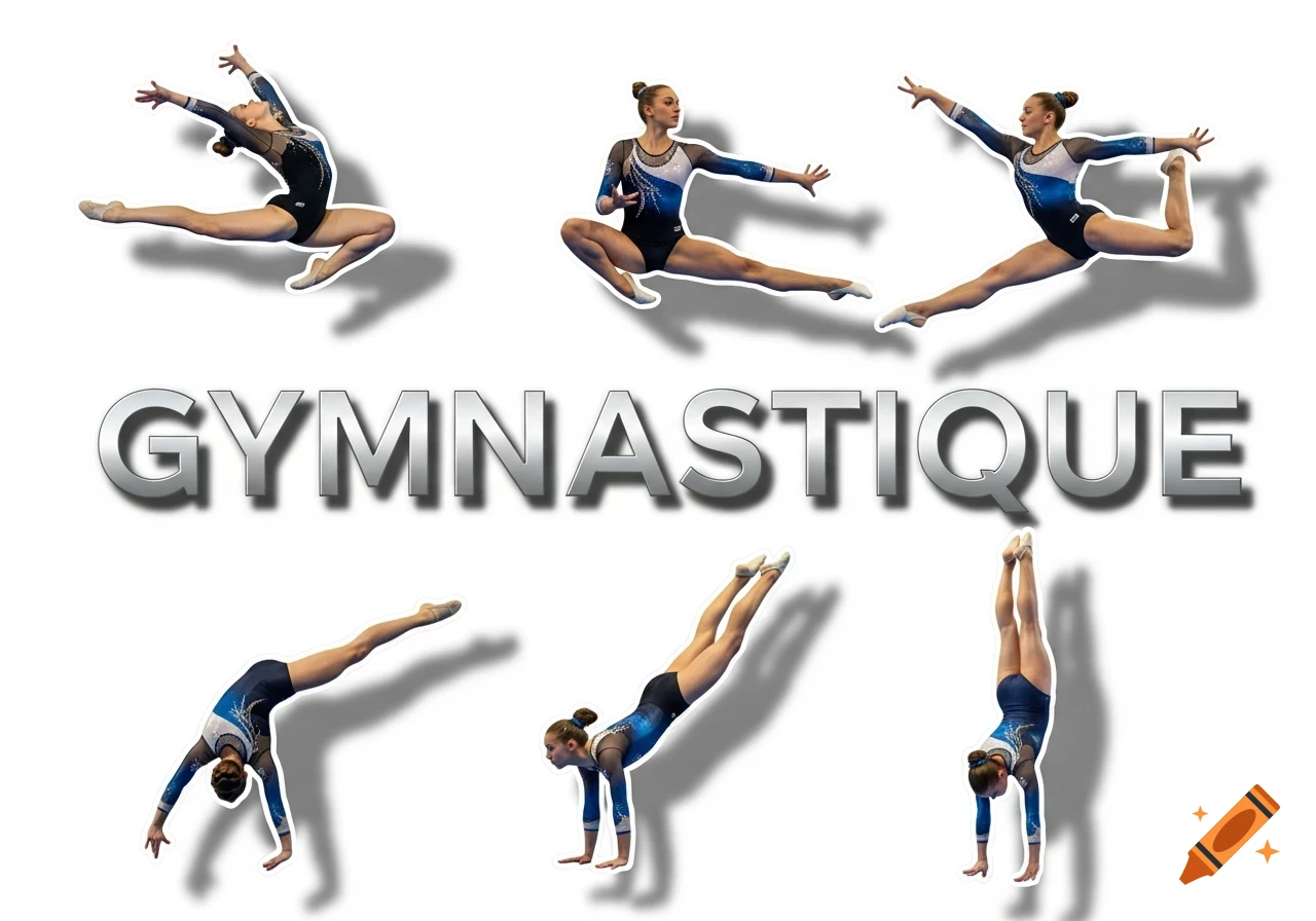 Six female gymnasts in blue and black leotards perform various poses on a white background, with "GYMNASTIQUE" text.