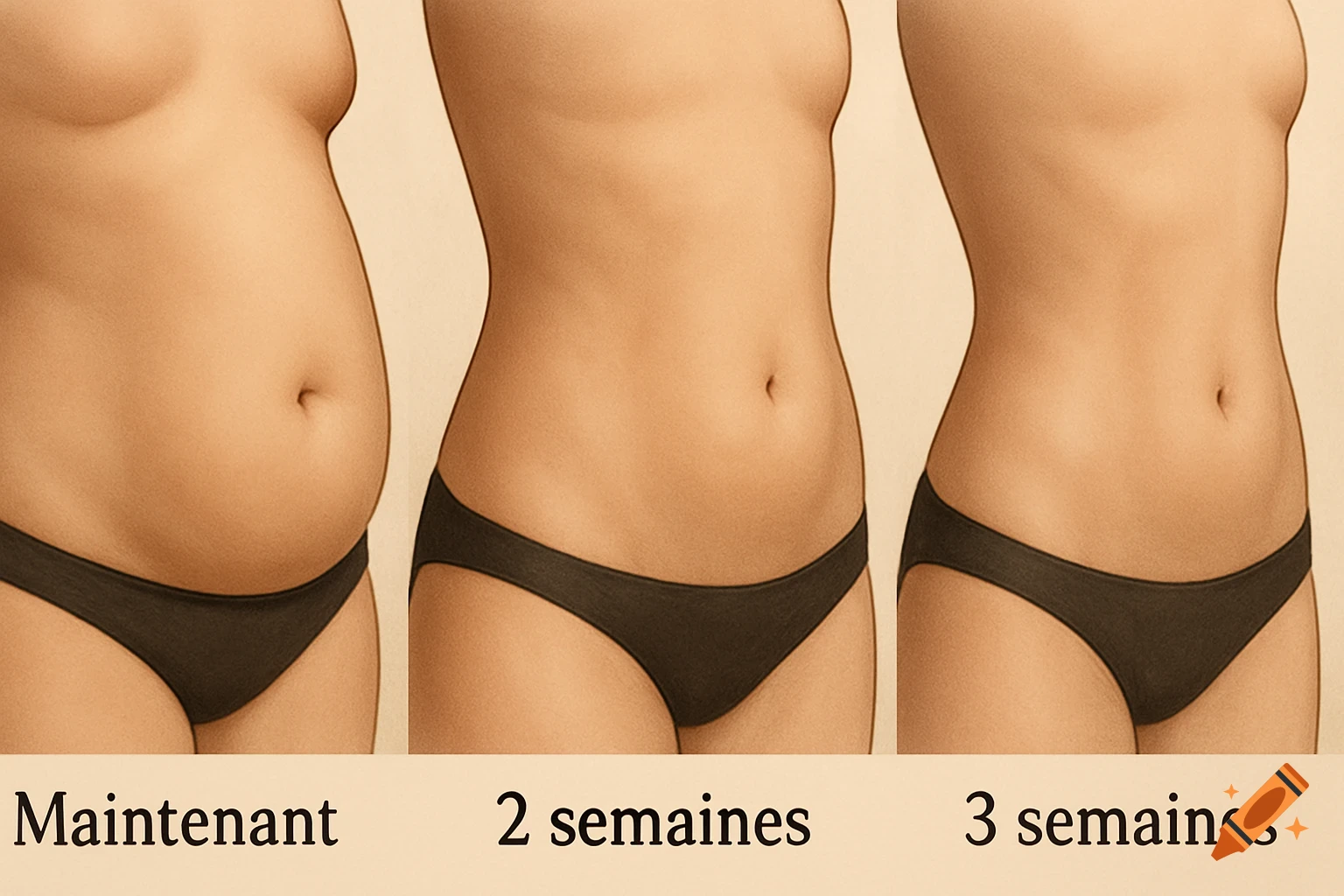 Three-panel illustration of a woman's torso showing a progression from a rounded belly to a flatter stomach and slimmer waist over time.