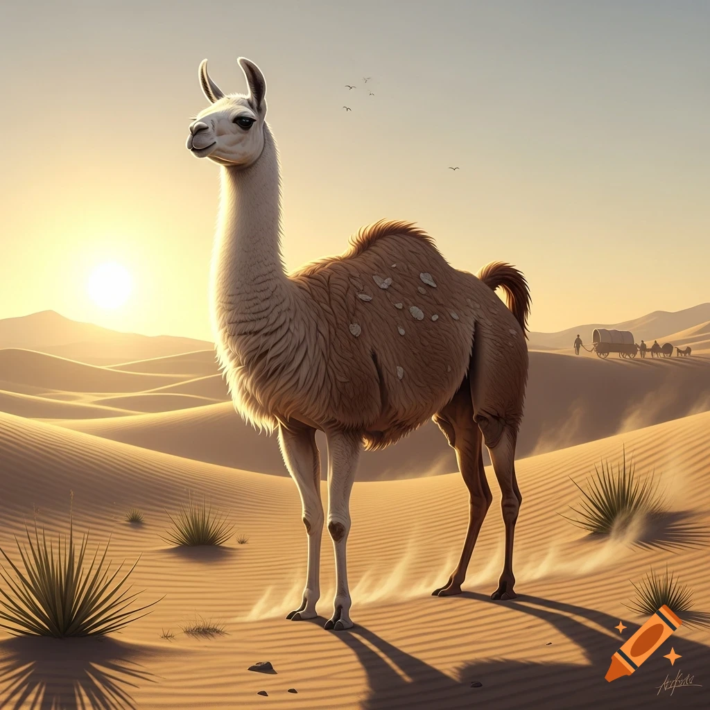 A photorealistic llama-camel hybrid stands in a desert at sunset, with distant wagons and dunes.