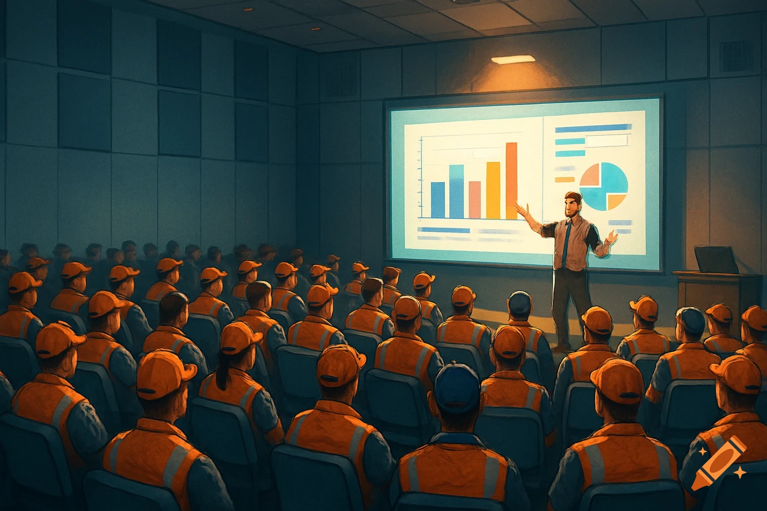 A man presents a bar graph and pie chart to an audience of workers in orange vests and caps in a dimly lit auditorium, digital art.