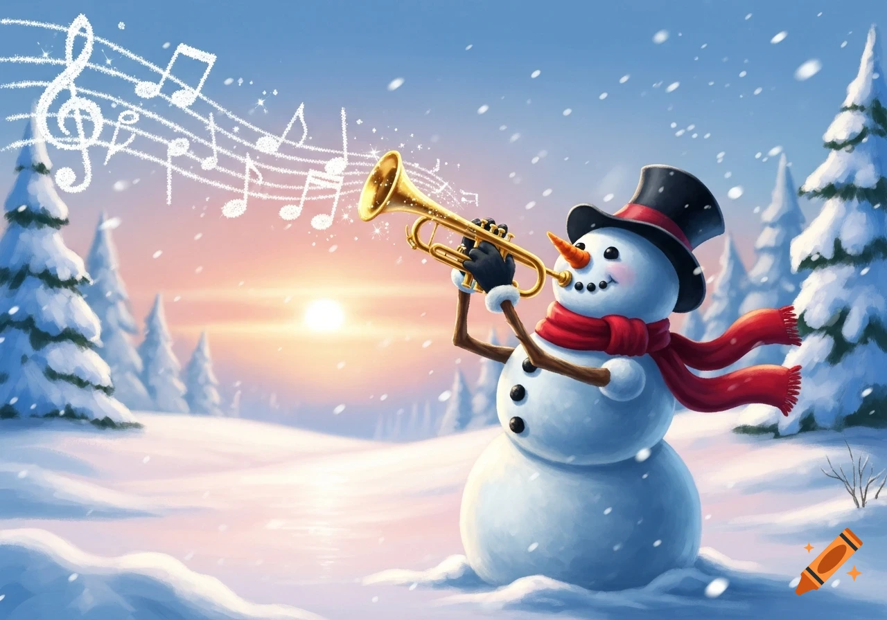 A cheerful snowman wearing a red scarf and top hat plays a golden trumpet, with sparkling musical notes floating in the air. The winter wonderland scene features snow-covered trees and a soft sunrise sky.
