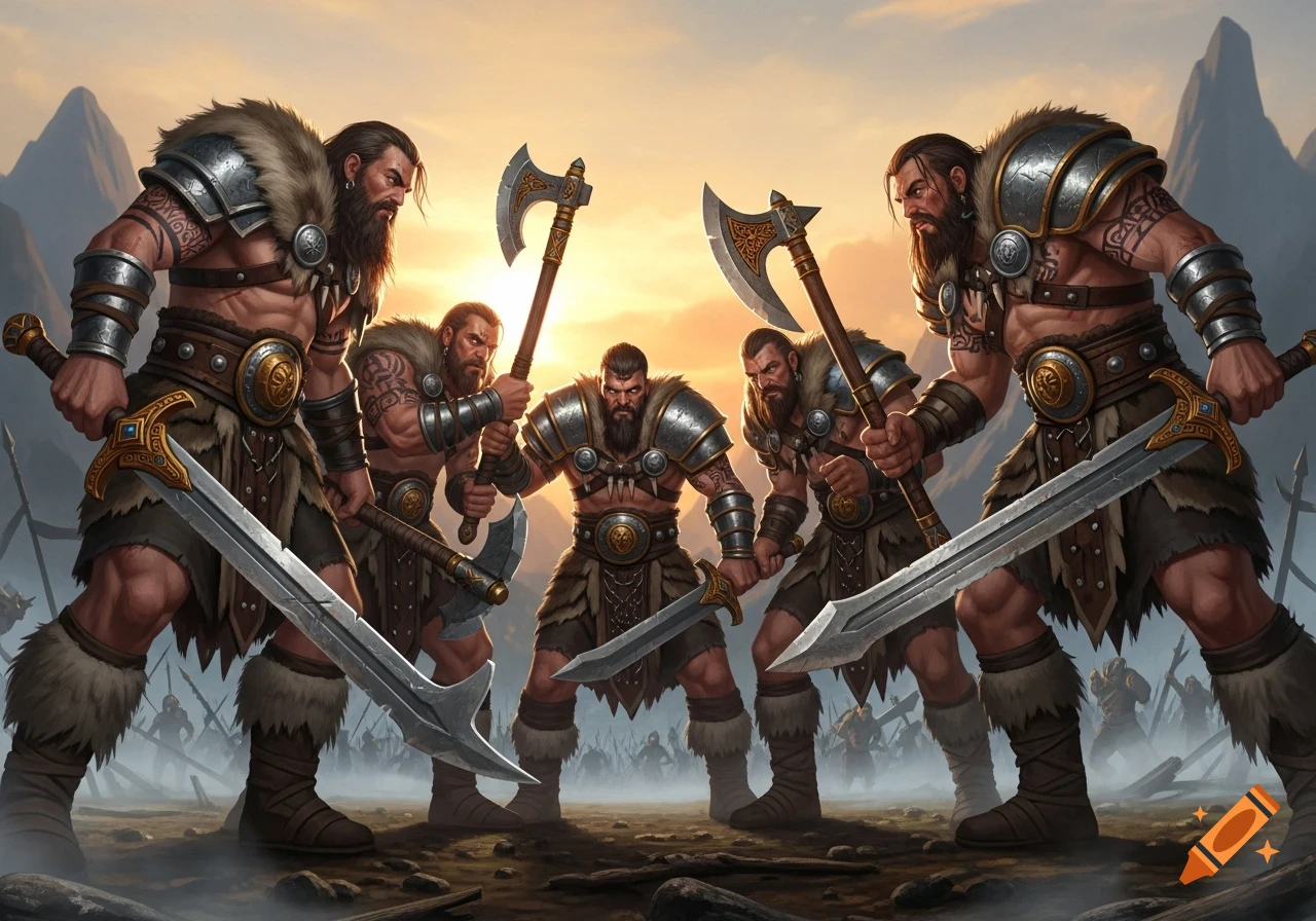 Five heavily armored barbarians with beards hold swords and axes, silhouetted against a sunset, with a battlefield behind them.