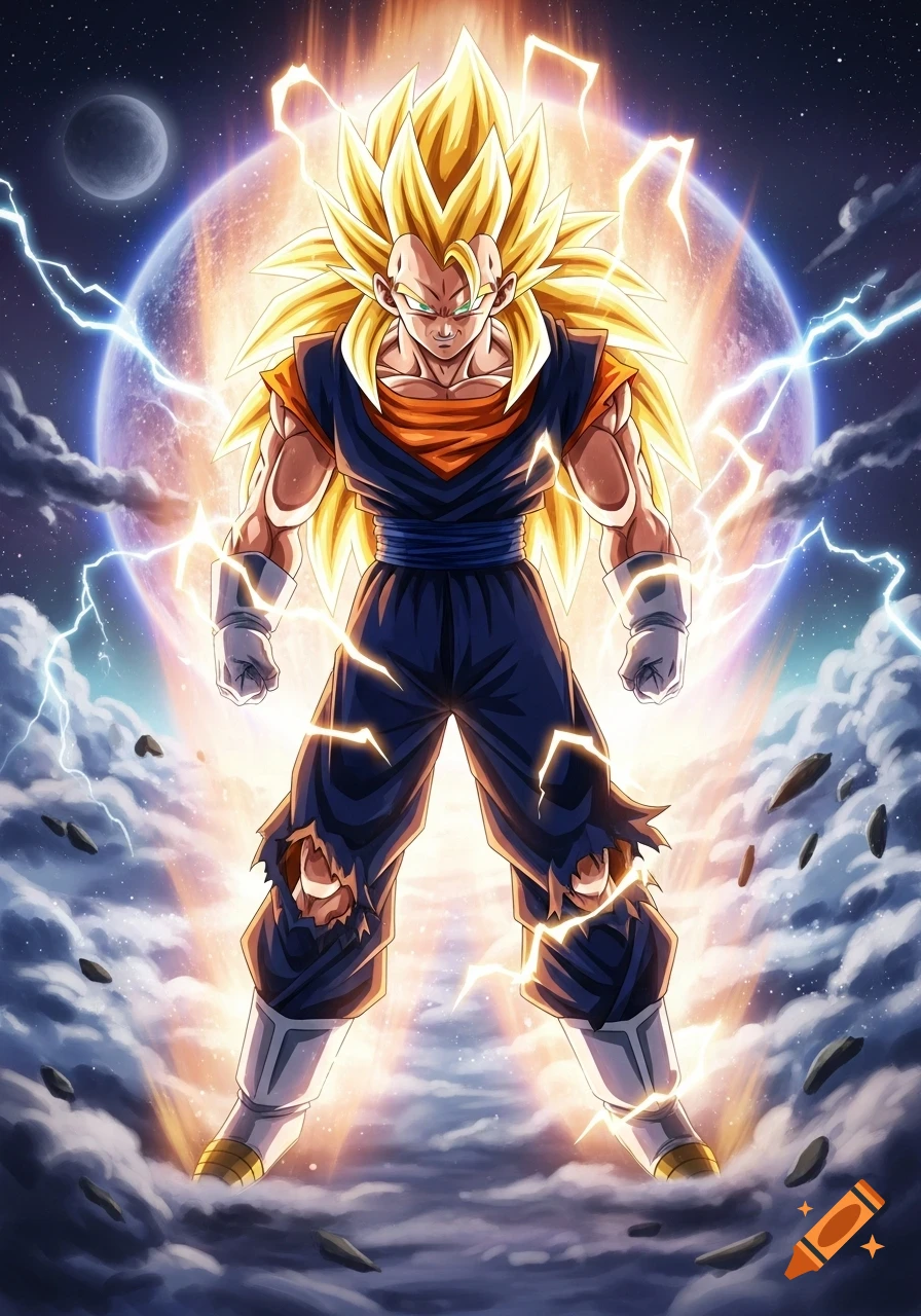 Super Saiyan 3 Vegito from Dragon Ball stands powerfully amidst golden energy and lightning, with a large planet and starry sky in the background.