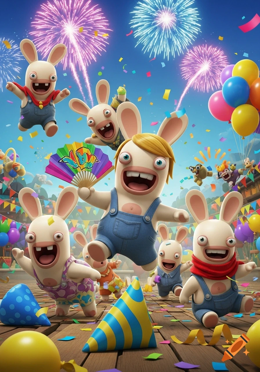 A group of cheerful Rabbids characters celebrating outdoors with colorful fireworks, confetti, balloons, and party hats.