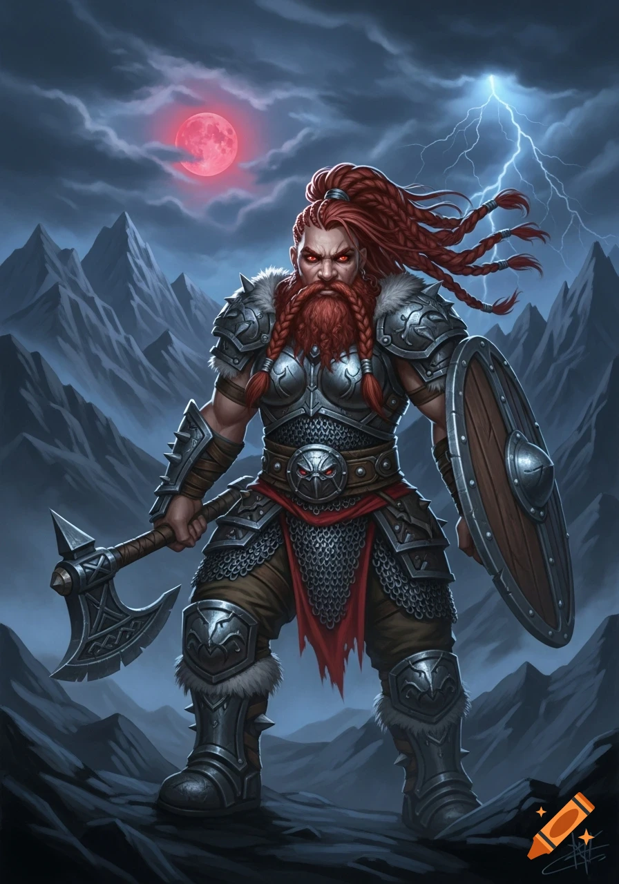 A muscular female dwarf barbarian with red braided hair, in chain mail armor, holding an axe and shield under a stormy blood moon.