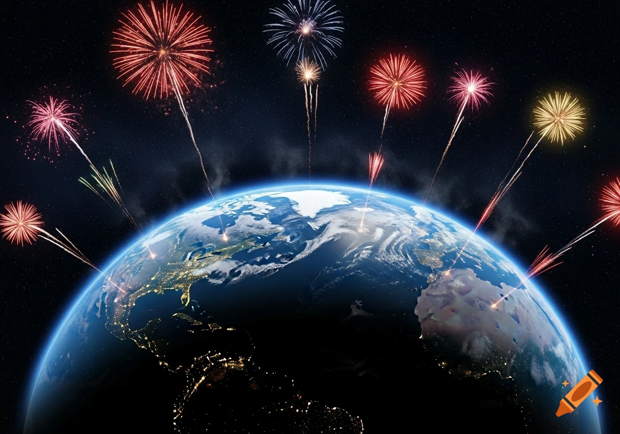 Photorealistic image of Earth in space, illuminated by colorful fireworks exploding around its curvature.