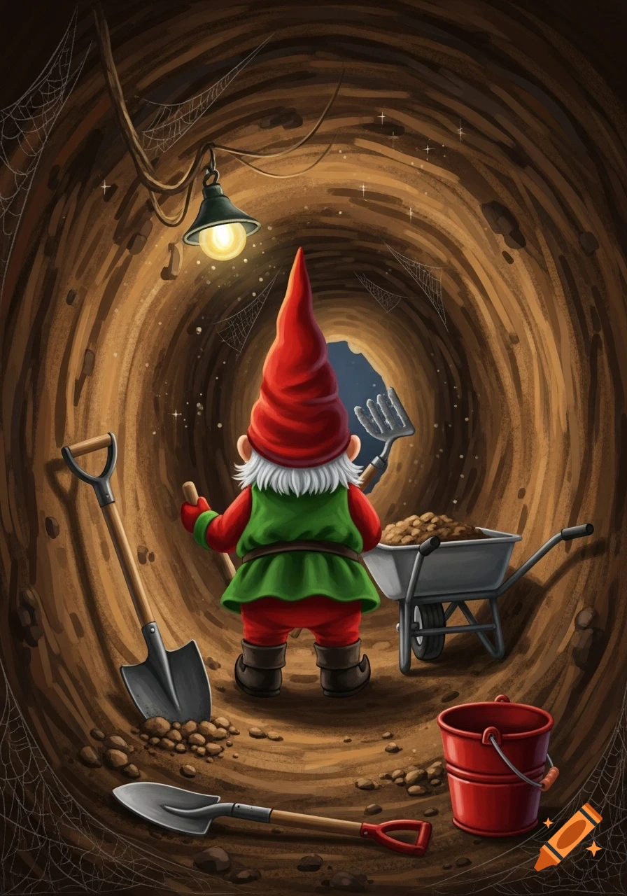 A gnome in a red hat and green tunic stands in a dirt tunnel with a shovel, pickaxe, wheelbarrow, and red bucket, under a hanging lamp.