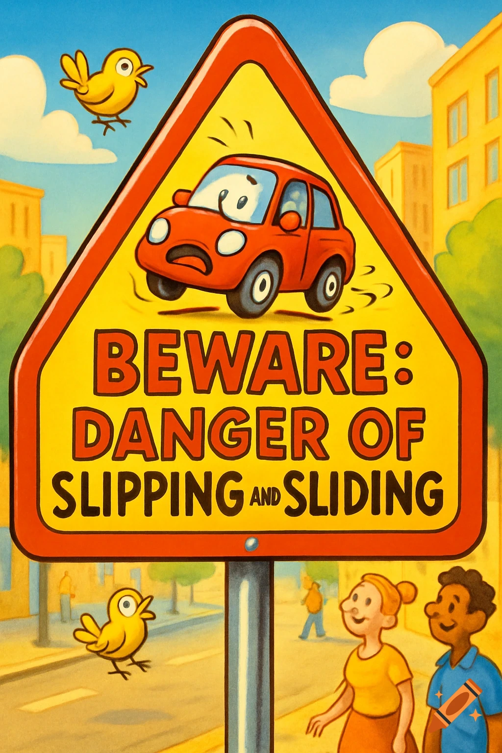 Cartoon traffic sign 'BEWARE: DANGER OF SLIPPING AND SLIDING' featuring a skidding red car, birds, and people in a city.