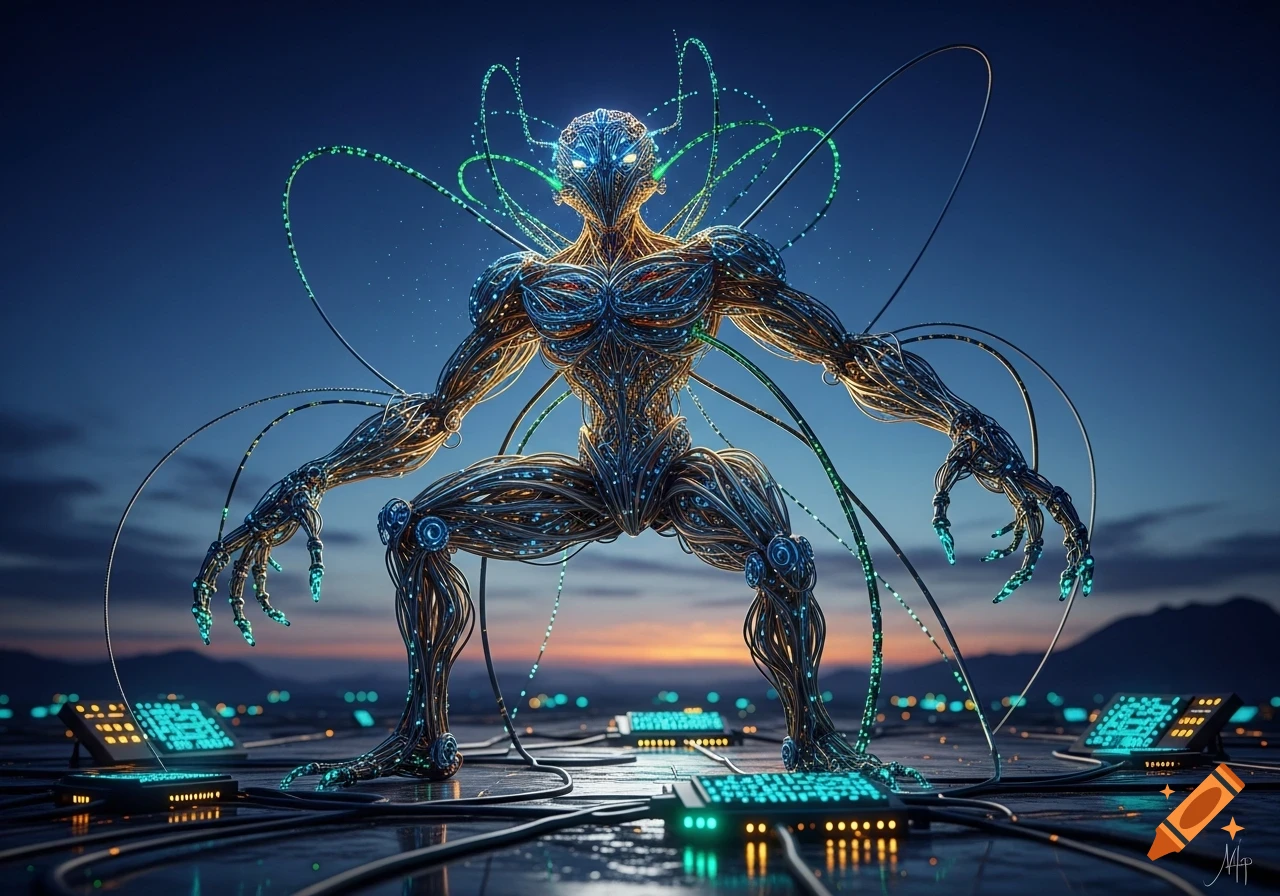 A humanoid creature made of glowing wires and circuits stands on a ...