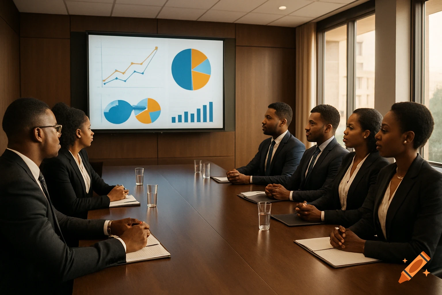 Diverse business professionals in suits attend a meeting, viewing charts on a large screen in a modern boardroom.