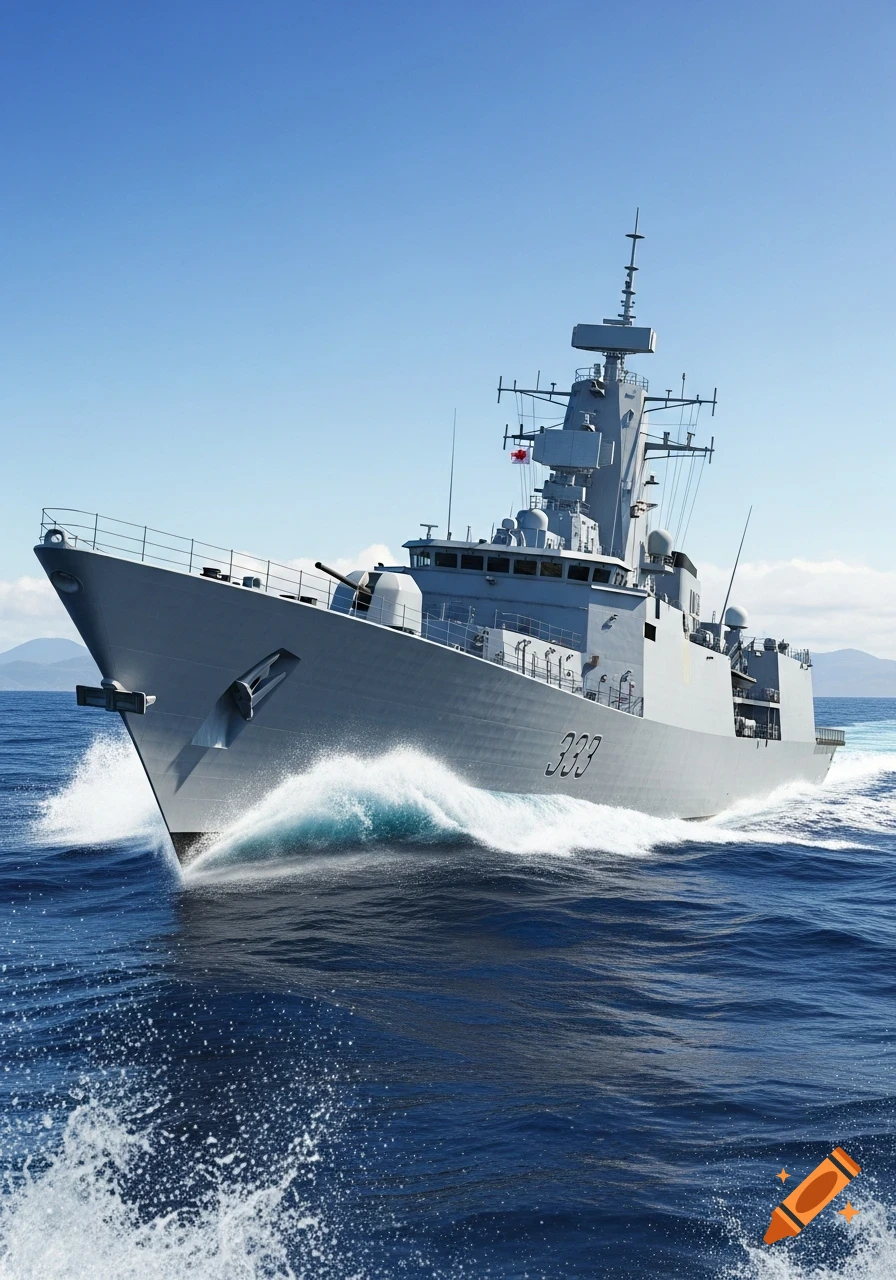 A grey warship, a Halifax Class Frigate with the number 333, sails through blue ocean water under a clear sky, creating a white wake.