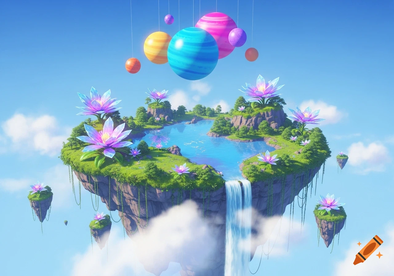 A vibrant floating island with a lake, waterfall, glowing lotus flowers, and lush greenery, surrounded by hanging colorful spheres in a blue sky.