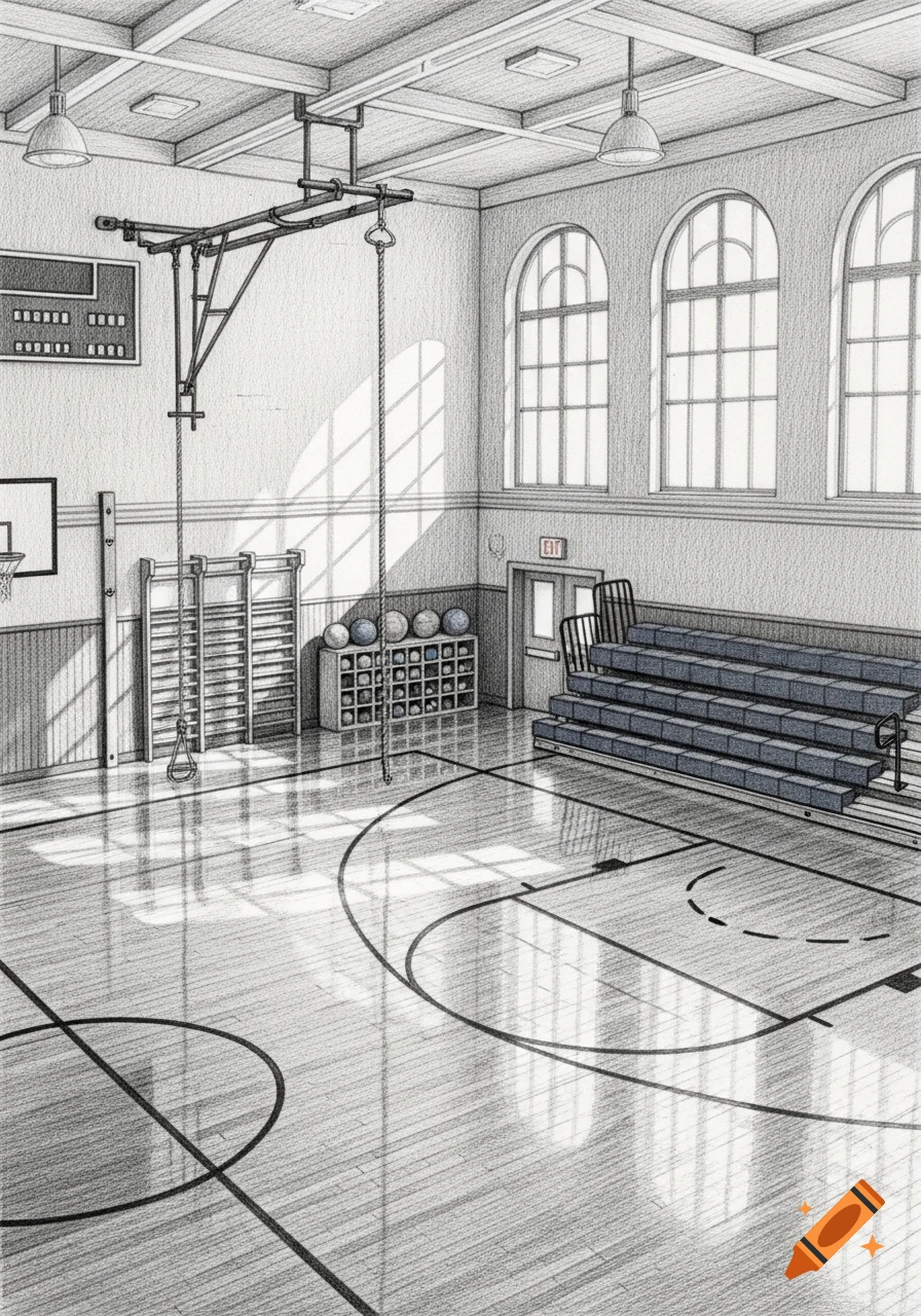 A detailed pencil drawing of an empty school gym with a basketball court, climbing ropes, a scoreboard, windows, and bleachers, bathed in sunlight.