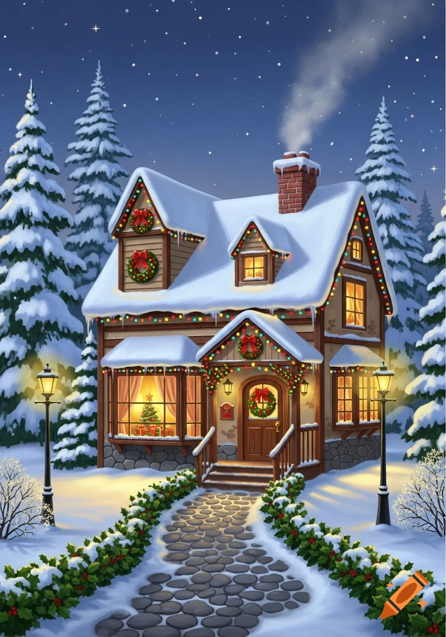 A warmly lit, snow-covered Christmas house decorated with colorful lights and wreaths, surrounded by snowy pine trees under a starry night.