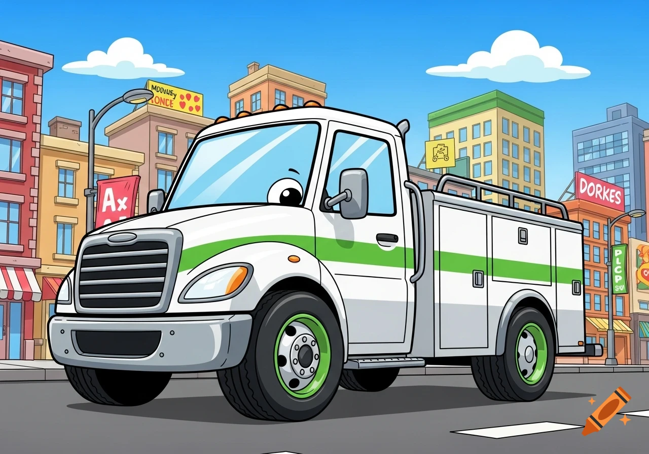 A cartoon white service truck with green stripes and friendly eyes drives on a city street.