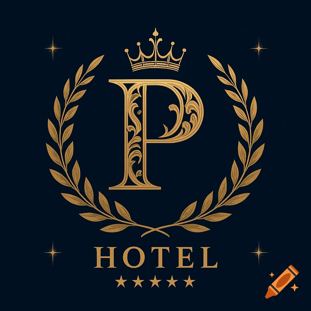Gold initial 'P' with a crown and laurel wreath, above the word 'HOTEL' and five stars, on a dark blue background.