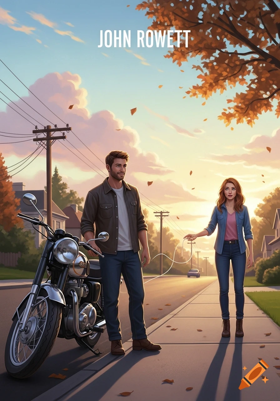 An illustration of a man standing by a motorcycle and a woman on a suburban street during autumn at sunset.