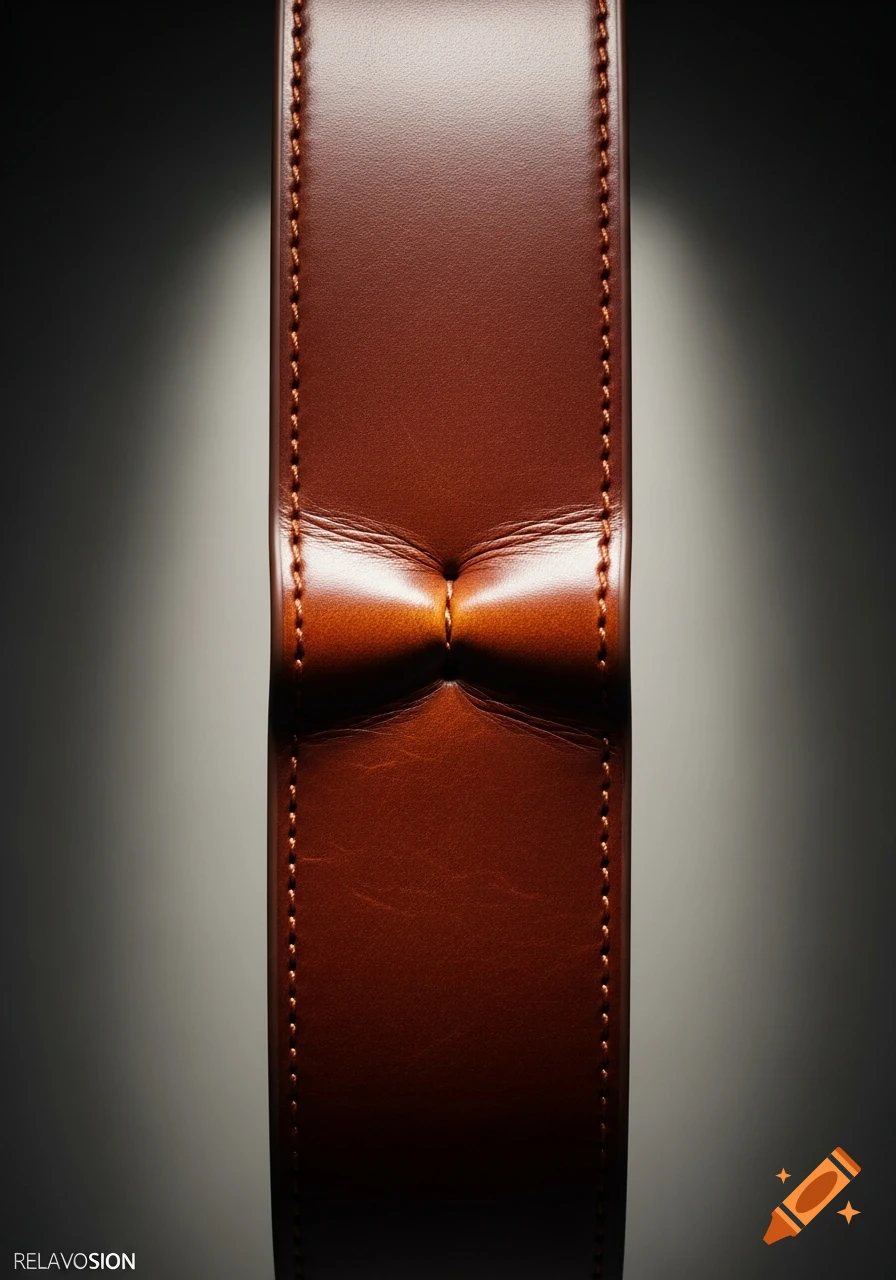 Close-up photorealistic shot of a vertical brown leather belt with a deep crease in the middle and visible stitching.
